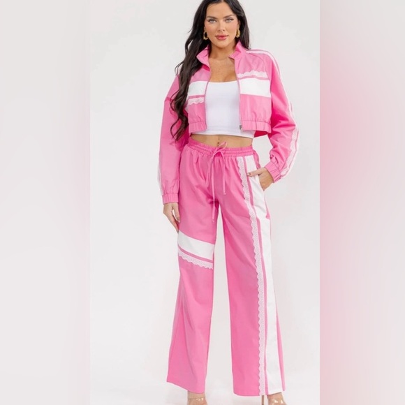 Hot & Delicious Other - Hot & Delicious Pink/White Jogging Suit (SET)Crop Top/Wide Leg